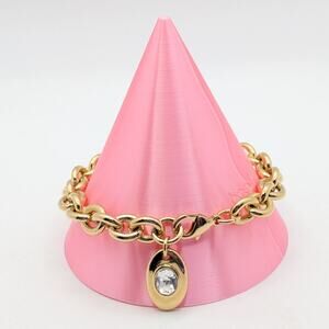 Gold Tone Chunky Chain Bracelet Women's 7.25 Clear Rhinestone Oval Charm Dangle